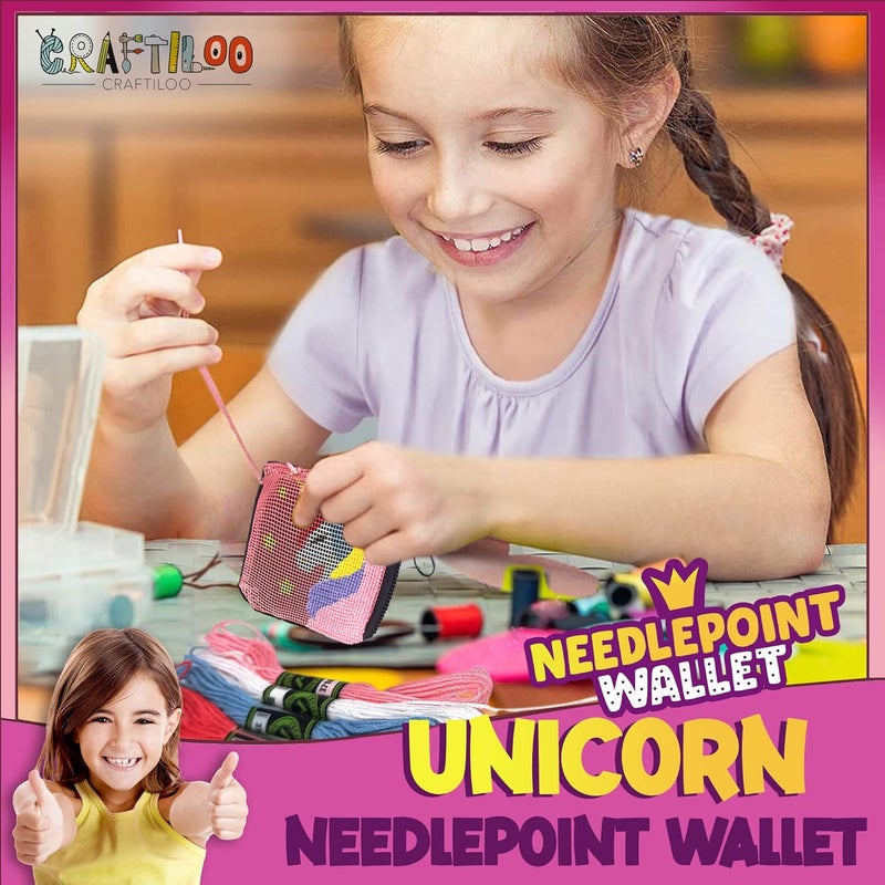 CRAFTILOO Pre Printed Needlepoint Wallet Kit for Kids Embroidery Arts and Crafts Set Cross Stitch Sewing Latch Hook Kit (Unicorn) - Image 4